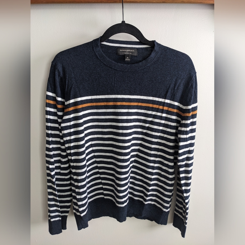 Banana Republic Premium Luxe Yarn Crew Sweater Men's Medium Striped Blue White